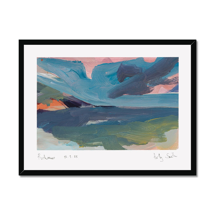 A framed abstract landscape painting of Porthmeor beach in Cornwall. Featuring textured brushstrokes of blue, green, pink, and orange, presented in a black frame with a white mat on a light grey background.