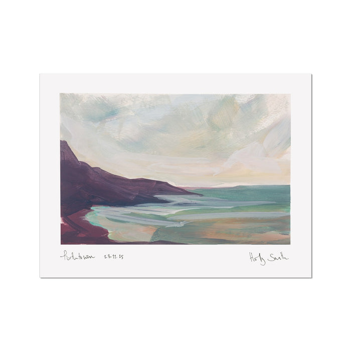 A landscape art print featuring an impressionistic painting of a coastal scene with dark purple cliffs, turquoise water, and a cloudy sky, shown with a wide white border and artist signatures at the bottom.