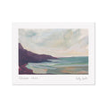 A landscape art print featuring an impressionistic painting of a coastal scene with dark purple cliffs, turquoise water, and a cloudy sky, shown with a wide white border and artist signatures at the bottom.