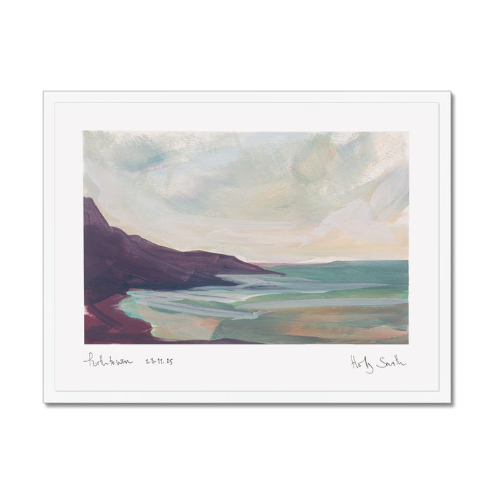 A framed landscape art print by artist Robert Smith, depicting a coastal scene with dark purple cliffs, green and blue water, and a cloudy sky. The print is signed and dated by the artist, set against a clean white background.