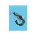 A watercolour painting of a prawn on a blue background, intended as wall art for a kitchen.