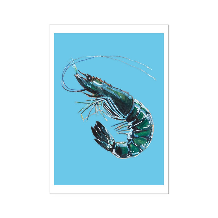 A watercolour painting of a prawn on a blue background, intended as wall art for a kitchen.