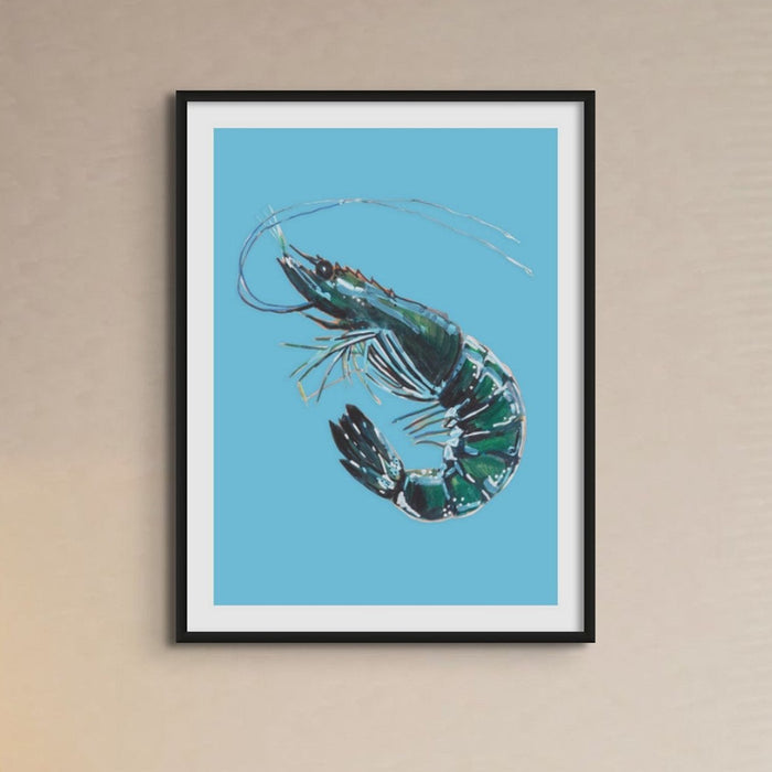 A framed painting of a prawn on a blue background, intended as wall art for a kitchen.