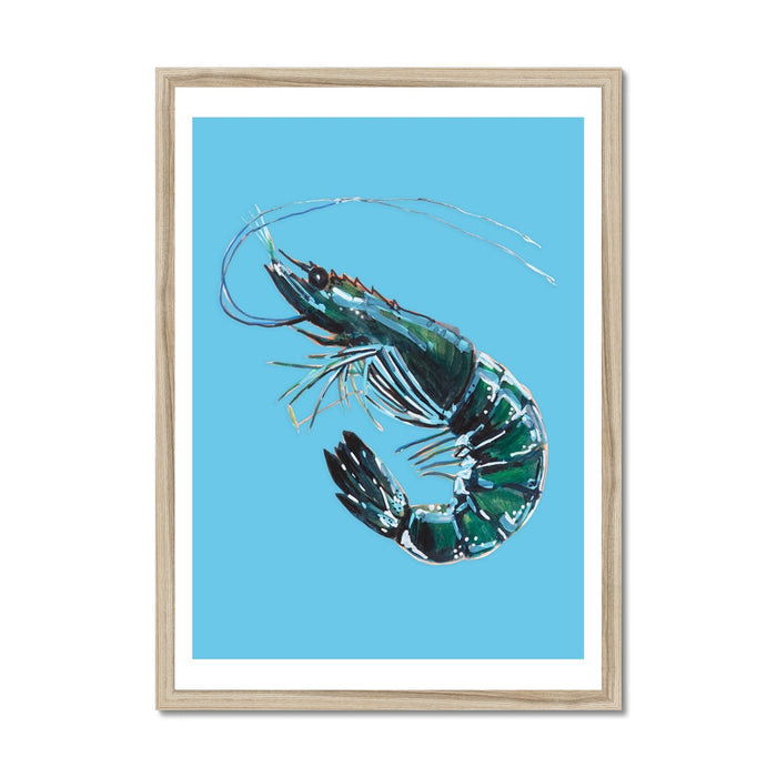 An art print of a prawn on a blue background, intended as wall art for a kitchen.