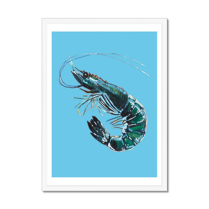 Prawn Art Print | Shellfish Kitchen Wall Art | Prawn Painting on Blue Background - Unframed