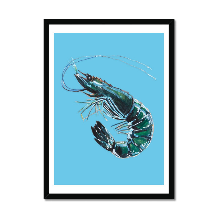 Prawn Art Print | Shellfish Kitchen Wall Art | Prawn Painting on Blue Background - Unframed