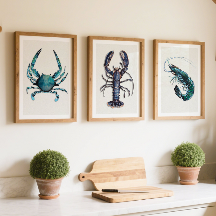 Set of three framed shellfish art prints displayed in a kitchen, featuring crab, lobster and prawn illustrations above a kitchen counter.