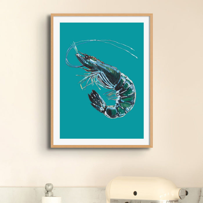 Prawn Painting | Shellfish Kitchen Art Print | Prawn Print on green background - Unframed