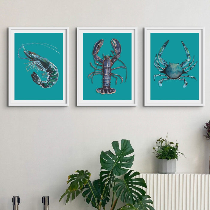 Prawn Painting | Shellfish Kitchen Art Print | Prawn Print on green background - Unframed