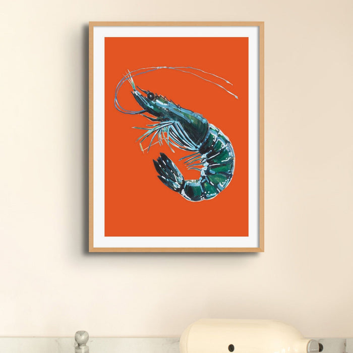 A prawn painting on orange background in kitchen.