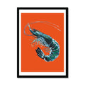 A watercolor painting of a prawn on an orange background, presented as wall art.