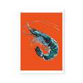 A watercolour painting of a prawn on an orange background, presented as wall art.