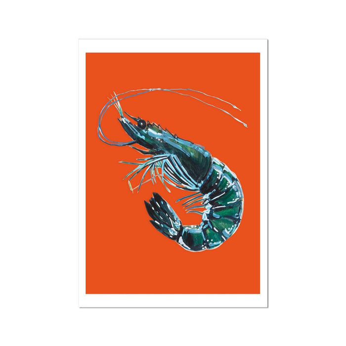 A watercolour painting of a prawn on an orange background, presented as wall art.
