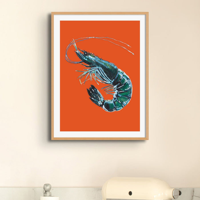 A framed prawn painting framed in kitchen.