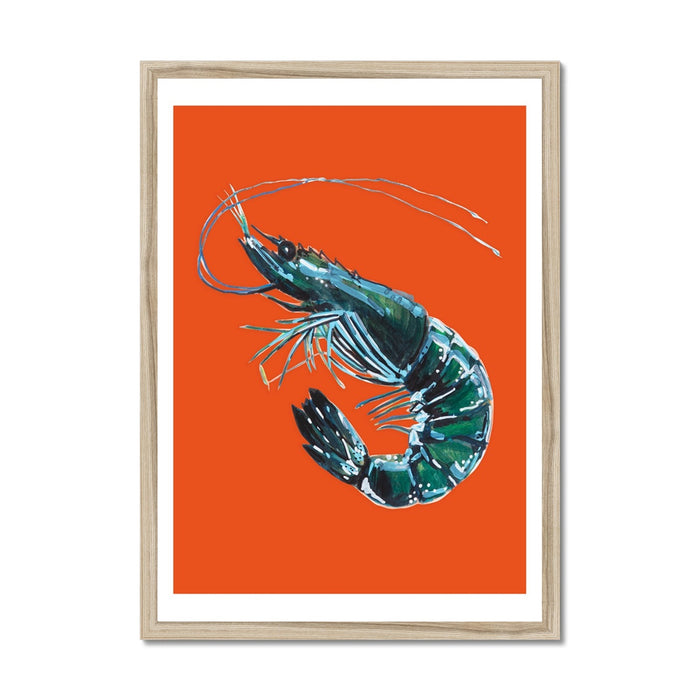 Framed artwork of a stylized prawn against an orange background