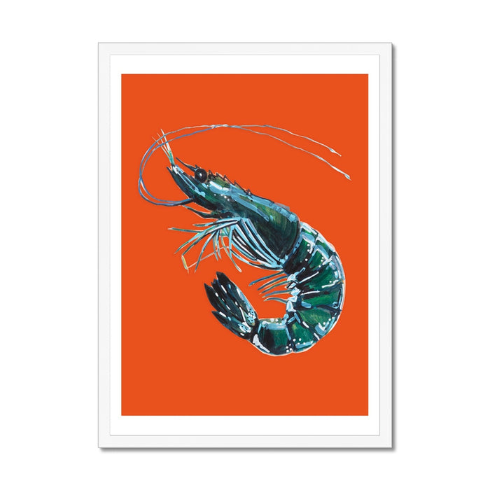 Framed artwork of a prawn on an orange background.