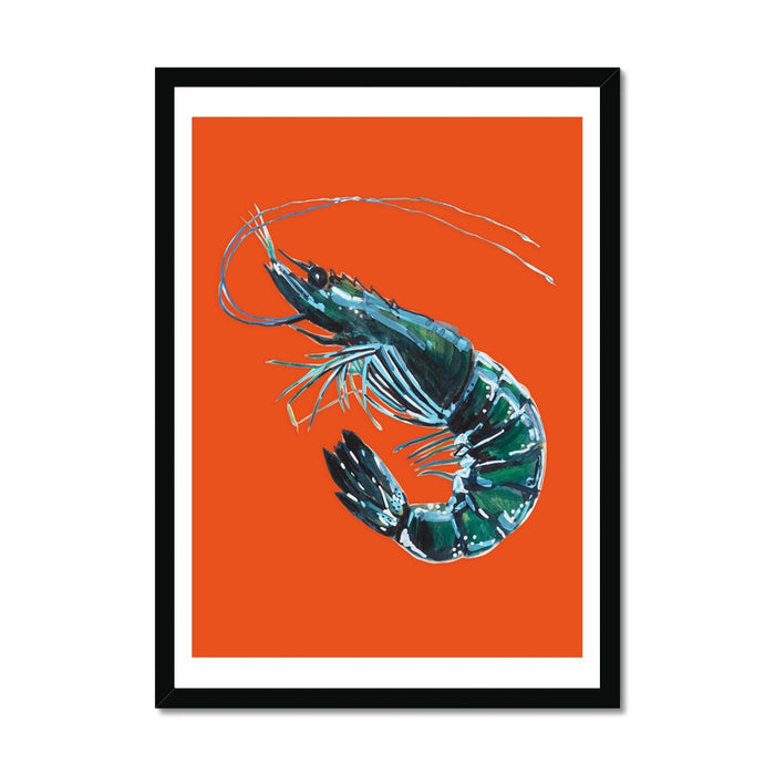 A watercolor painting of a prawn on an orange background, presented as wall art.