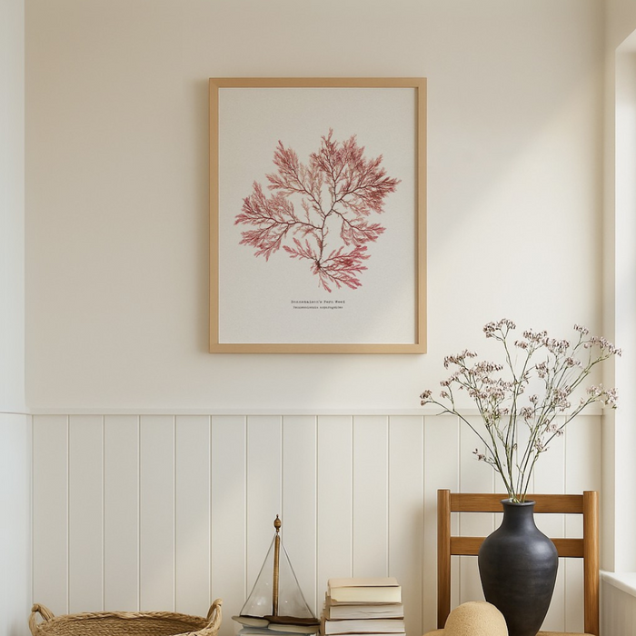 Hand-pressed British seaweed print Fern Weed No. 2 on wall in coastal interior with panelled wall – red botanical coastal wall art