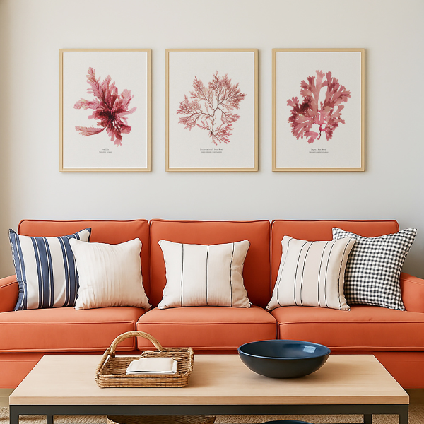 Set of three pressed seaweed prints framed above a sofa, featuring coastal botanical wall art in soft natural tones