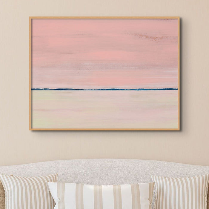 Soft pink beach painting with minimal horizon and calm sea, coastal wall art print