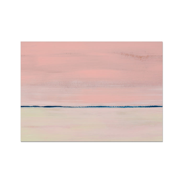 A simple abstract beach painting featuring horizontal lines with a gradient of pink to blue colours, representing a coastal scene.