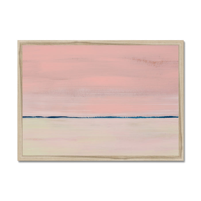 Rose-gold Coastal Sea Painting framed with wooden frame.