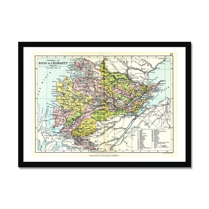 Vintage Ross and Cromarty map print featuring detailed Highland cartography including coastal areas and islands, framed wall art.