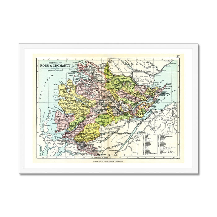 Framed vintage map print of Ross and Cromarty - featuring a detailed illustration of a region, with various colours representing different areas, enclosed in a simple white frame.