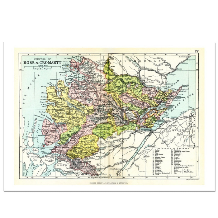 Vintage map print of Ross and Cromarty featuring a detailed illustration of a region, with various colours representing different areas.