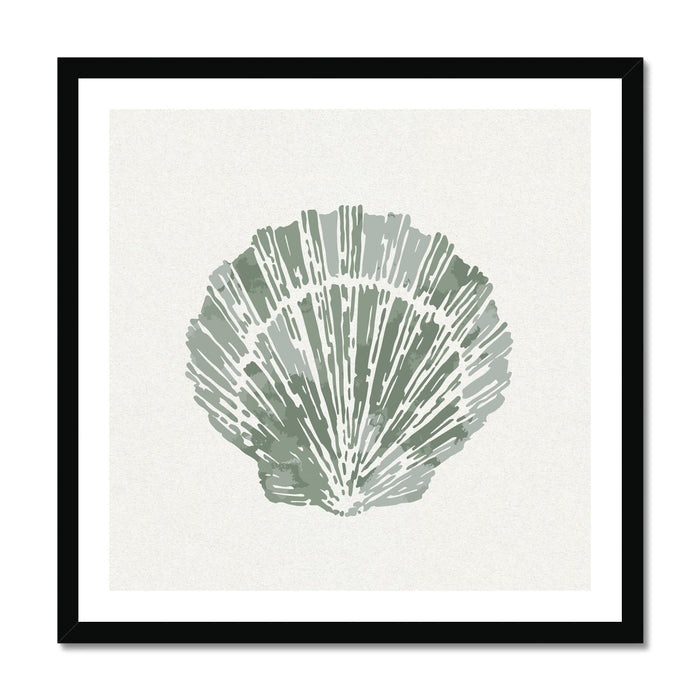Sage green scallop shell art print in black wood frame.