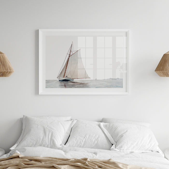 Vintage sailing boat painting framed on wall above bed in bedroom