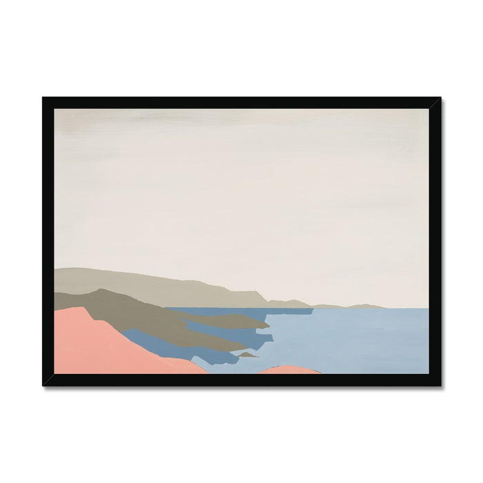 Framed abstract landscape art with mountains and water on a plain background