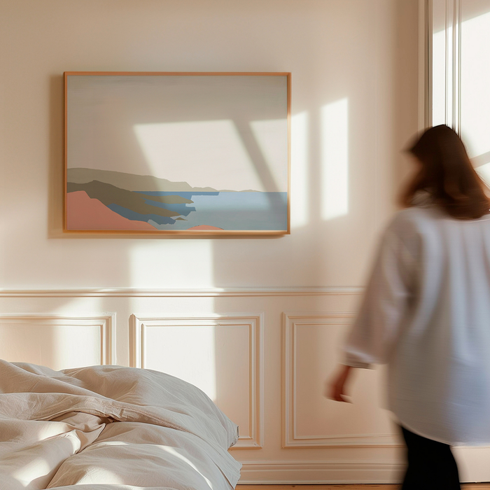 Woman walking in a bedroom with a large abstract painting on the wall