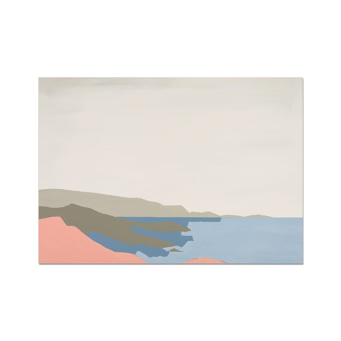 Abstract seascape painting in pastel colours, including pink and blue. Abstract coastal painting
