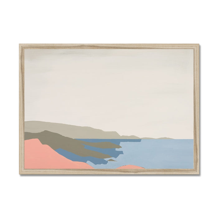 Framed abstract artwork of a landscape with mountains and water on a white background