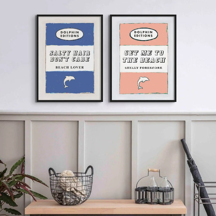 Book cover art print with the title 'SALTY HAIR DON'T CARE BEACH LOVER' and a small graphic of a dolphin. The background is blue with white and darker blue stripes.