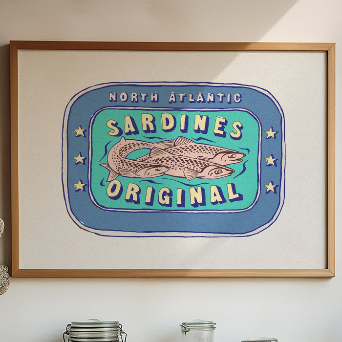A framed art print of a sardine tin with blue background.