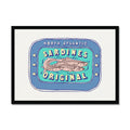 Framed artwork of a label depicting a sardine tin with the text 'North Atlantic Sardines Original' surrounded by blue and aqua colors.