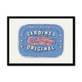 Framed artwork of a sardine tin. label depicting 'North Atlantic Sardines Original' with a stylized fish illustration in red and blue.