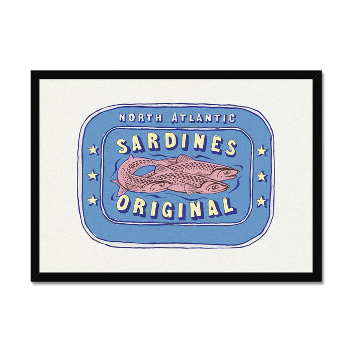 Framed artwork of a sardine tin. label depicting 'North Atlantic Sardines Original' with a stylized fish illustration in red and blue.