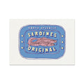 A framed print of a sardine tin with bold red and yellow colors on a blue background, with the text 'Sardines Original' and 'North Atlantic'.