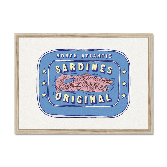 Framed artwork of a label depicting 'North Atlantic Sardines Original' with a stylized fish illustration in red and blue.