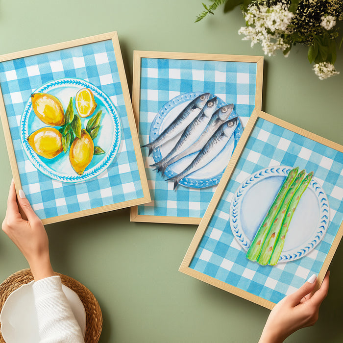 Sardine Painting on Blue Gingham | Kitchen Wall Art - Unframed