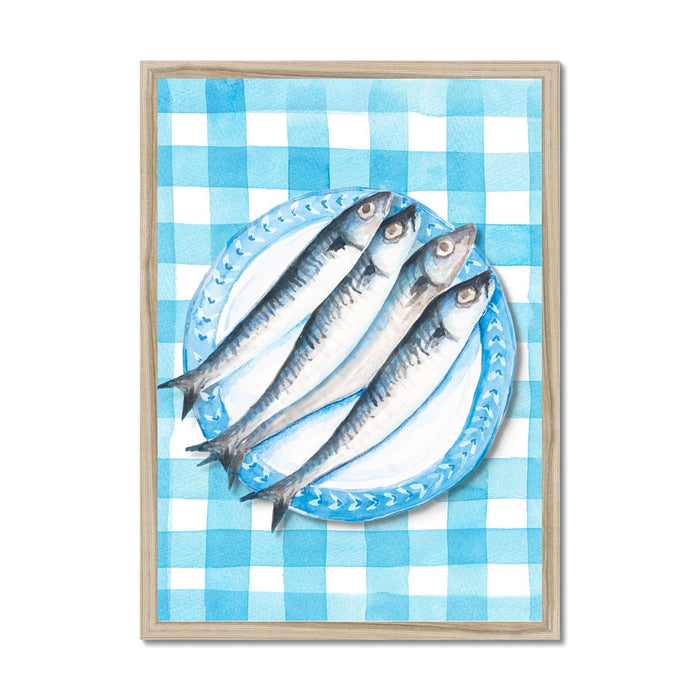 Sardine Painting on Blue Gingham | Kitchen Wall Art - Unframed