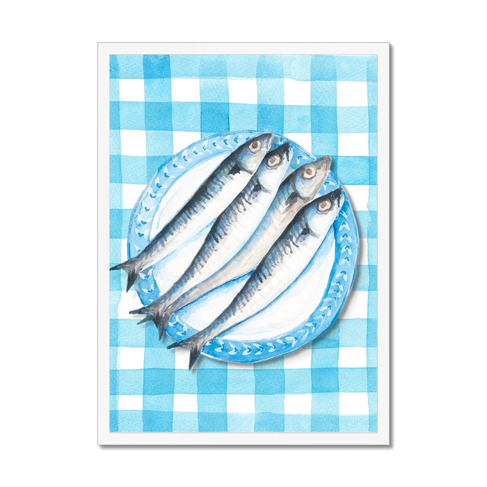 Sardine Painting on Blue Gingham | Kitchen Wall Art - Unframed