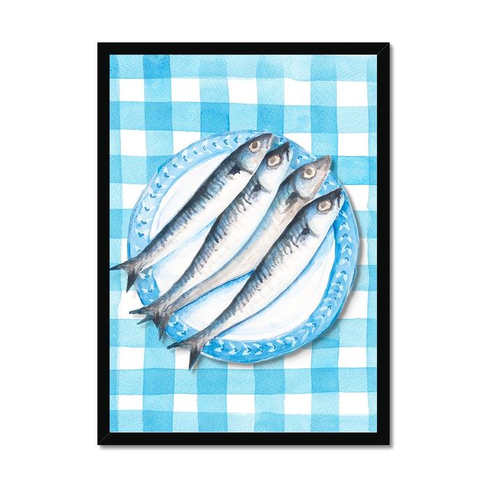 Sardine Painting on Blue Gingham | Kitchen Wall Art - Unframed