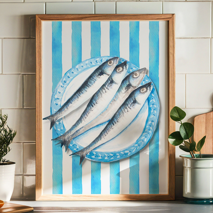 Sarding painting on a striped background framed in kitchen.