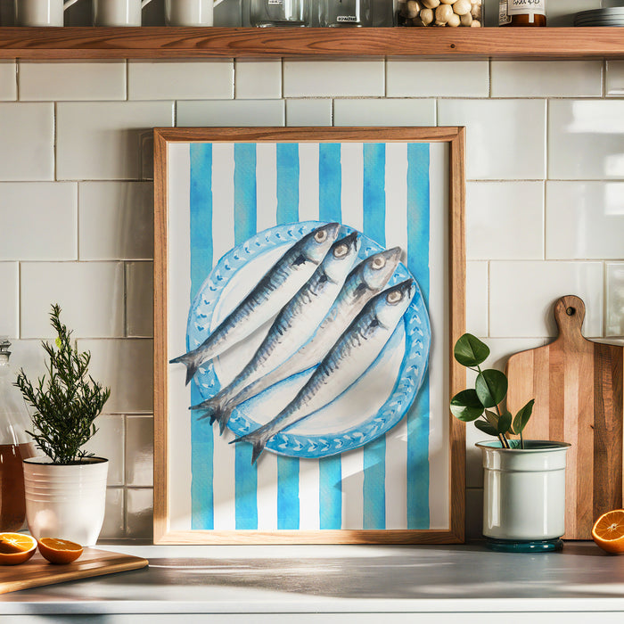 Framed painting of a sardine on kitchen worksurface in modern country kitchen.
