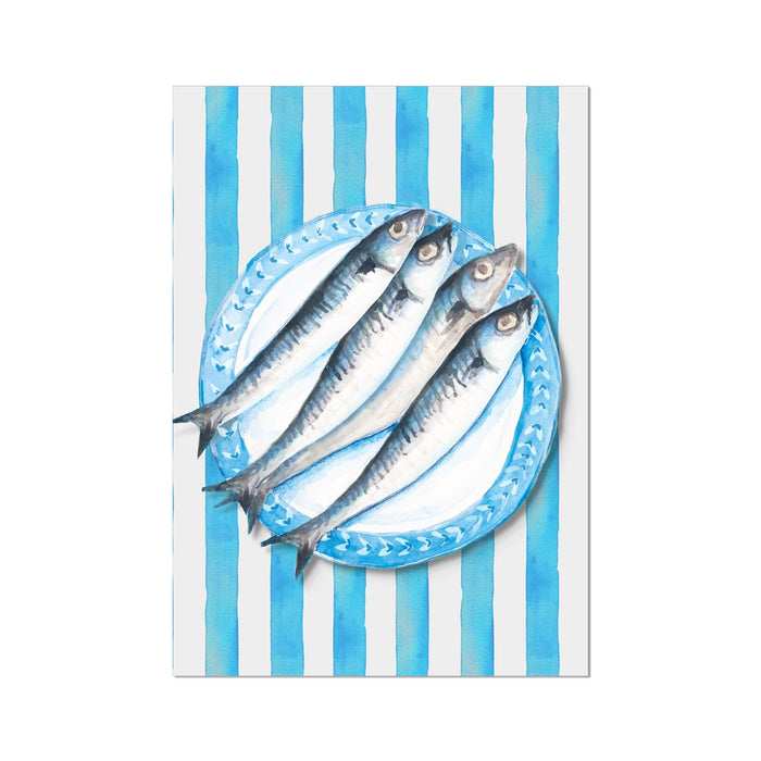 Hand-painted artwork of sardines on a blue plate with a blue striped background.