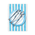 Hand-painted artwork of sardines on a blue plate with a blue striped background.
